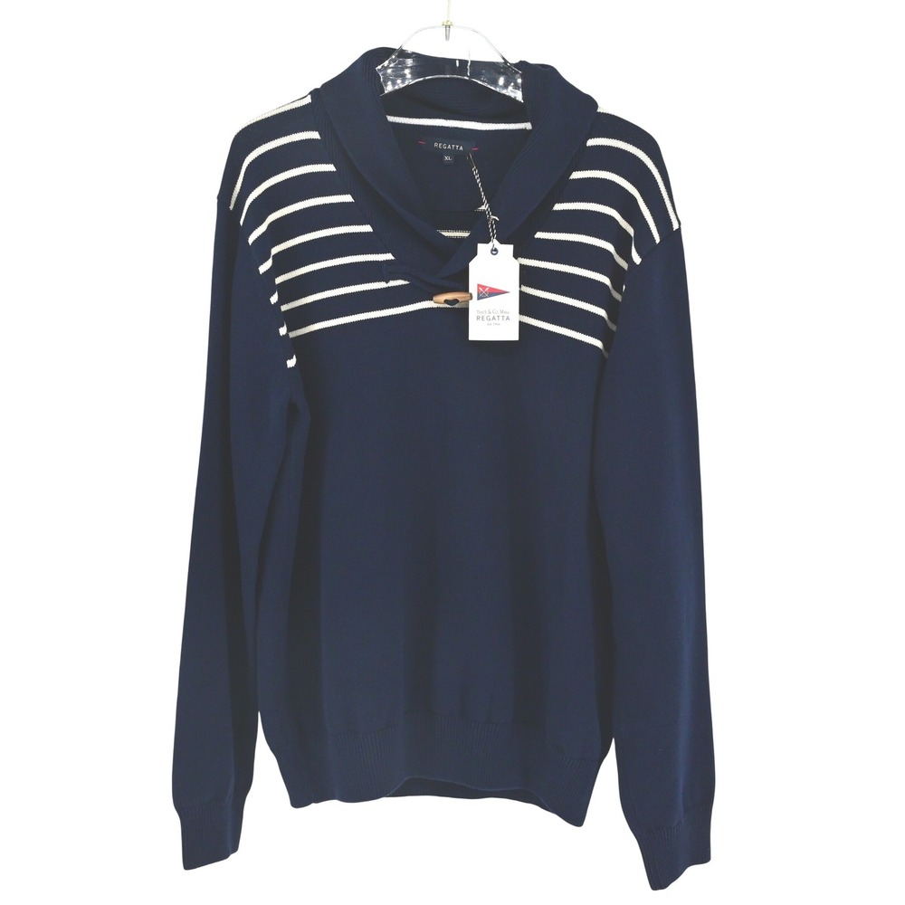 NWT Regatta Men's XL Navy Striped Shawl Collar Sweater Toggle Button Coastal